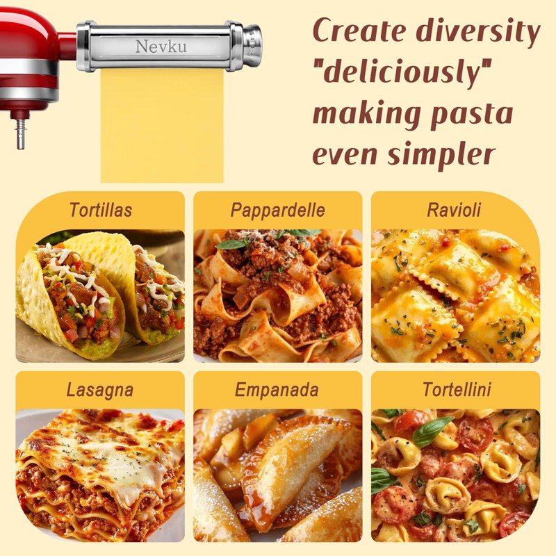 Pasta Roller Attachment for KitchenAid Stand Mixer, Stainless steel Pasta