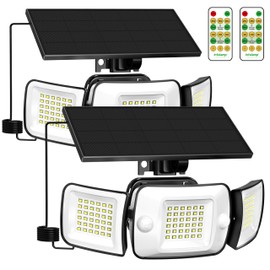 intelamp Solar Flood Lights Outdoor Waterproof, 2 Pack 6000mAh 1200LM Solar Powered Dual Motion Sensor LED Lighting Dusk to Dawn Security Floodlight Exterior with Remote 9.8ft Cable for Garden House