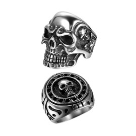 OIDEA Gothic Skull Rings for Men: 2PCS Stainless Steel Vintage Punk Biker Cocktail Party Signet Ring Band Jewelry Gifts, Silver Black, Size 9