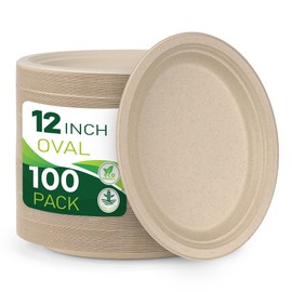 BIRCHIO 100PCS 100% Compostable Original Oval Paper Plates(12in), Heavy Duty Disposable Plates, Eco-Friendly Dinner Plates, Biodegradable Salad, Meal, Dessert Plates, Perfect for Parties, Picnic, BBQ