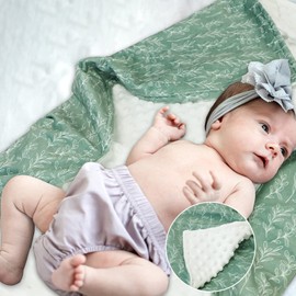 Green Sage Baby Blanket, Floral Minky Toddler Blanket for Boys Girls, Polka Dot Back, Double Layer Crib Blanket for Nursery/Stroller/Toddler Bed/Car Seat, 30 x 40 inches