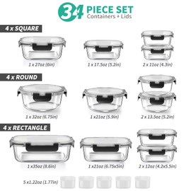 34pcs Glass Food Storage Containers with Lids Set, Airtight Glass Meal Prep Containers (17 Containers & 17 Lids), Leak Proof Lunch Container BPA-Free, Microwave, Oven, Freezer, Dishwasher Safe-Green