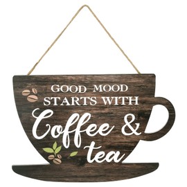 ZYXY Wooden Coffee Sign Good Moon Starts with Coffee & Tea Hanging Plaque Coffee Sign Farmhouse Decorative for Kitchen Bar Decor Coffee Lover