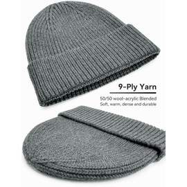 50% Wool Thick Beanie Hat for Men Women, Seamless Winter Knit Skull Cap, Cuffed Fisherman Beanie Warm Trawler Watch Cap, Gray