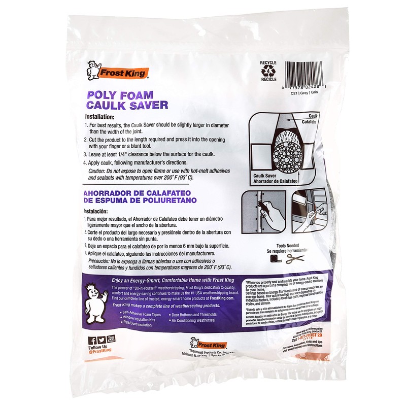 Frost King C21H Caulk Saver 3/8-Inch by 20-Foot Long, Gray