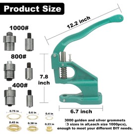 Hand Press Grommet Machine Tarp Grommet Tool Kit Heavy Duty Grommet Press with Punch Hole Tool,Rubber Hammer,3 Dies (#0#2#4),3000Pcs Sliver/Gold Grommets(1/4 3/8 1/2 inch)