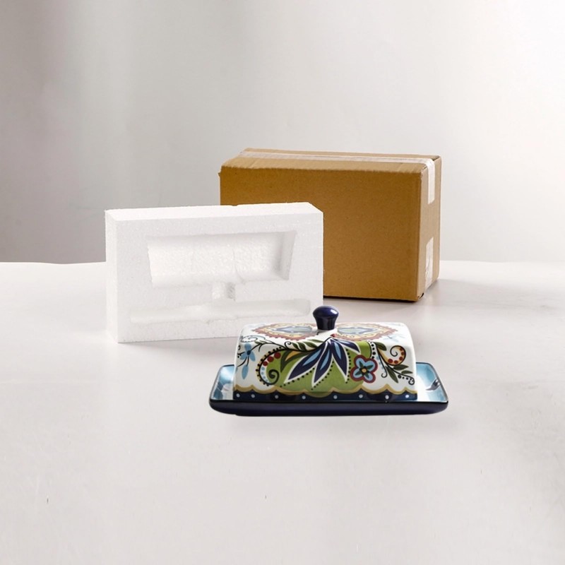 Ceramic Butter Dish with Lid Bohemia Hand Drawn Butter Plate