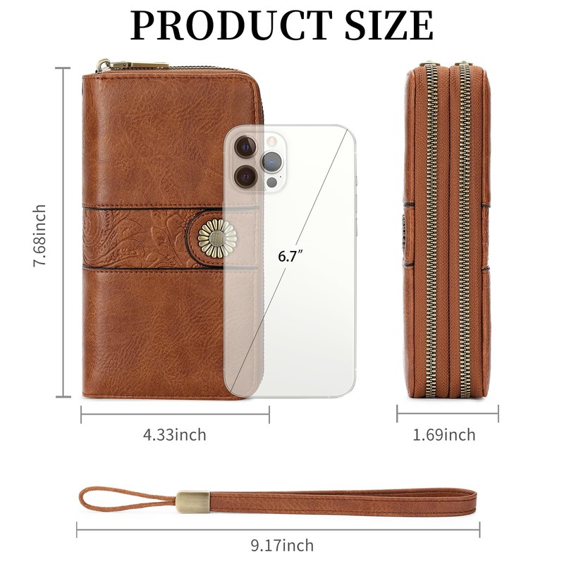 SENDEFN Wallet for Women Leather Double Zipper RFID Blocking Card