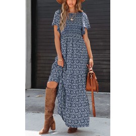 PRETTYGARDEN Women's Summer Casual Flutter Short Sleeve Boho Floral Maxi Dress Crew Neck Smocked Tiered Long Dresses (Navy,Small)