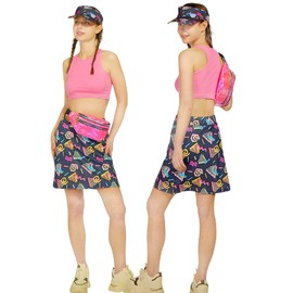kasahara 80s 90s Costume Women's Retro Tracksuit Workout Sports Outfit Skirt, Crop Top, Belt Bag, Sun Visor Hat Carnival Fancy Dress Costume (Rose Red, M)