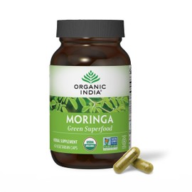 ORGANIC INDIA Moringa Capsules Organic - Moringa Supplement - Green Superfood, Moringa Leaf Capsules, Pure Supergreen, Vegan Greens, Nature's Multivitamin, Vegan, Gluten-Free - 60 Capsules