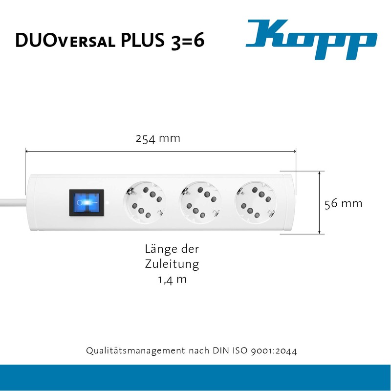 Kopp DUOversal® Plus 3/6-Way Power Strip 1.4 m with Double
