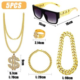 Funmo Dollar Chain Set, 5 Pieces Hip Hop Costume Set, 80s Costume Golden Dollar Chain 80s/90s Rapper Accessories Hip Hop Jewellery Gold for Men Women Carnival, gold