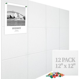 Large Cork Board Felt Wall Tiles, 47"x35" 12 Pack Felt Bulletin Board Pin Board with 48 Safe Removable Adhesive Tabs, 60 Push Pins, Alternative Cork Board for Walls Home Office, White