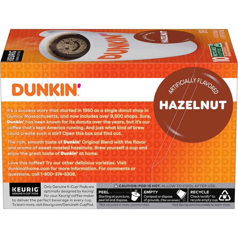 Dunkin' Hazelnut Flavored Coffee, 60 Keurig K-Cup Pods,10 Count (Pack