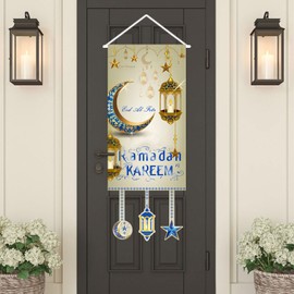 15.8 x 39.4 inches Eid Mubarak Decorations, Ramadan Kareem Hanging Door Sign, Eid Al-Fitr Iftar Party Favor Hang Flag Ramadan Mubarak Banner Party Decorations Welcome Wall Banner for Party Supplies