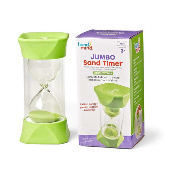 hand2mind Green Jumbo Sand Timers, 2 Minute Sand Timer, Hourglass Sand Timer with Soft Rubber End Caps Offers Quiet Pausing, Classroom Sand Timers for Kids, Teeth Brushing and Game Timer (Set of 1)