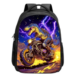 SARA NELL Dinosaur Backpack Boys Dinosaur Ride Motorcycle Backpack, Cool Dinosaur with Purple Lightning in Galaxy Space Anime Style Backpack, Elementary Boys Backpack with 2 Compartments, 16 Inch