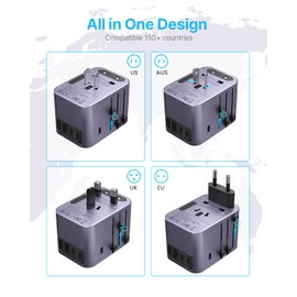 Universal Travel Adapter, VINTAR International Power Adapter with 6A 3 USB C and 2 USB Ports, All in One Travel Essentials Plug Adapter, Worldwide Outlet Converter for Europe UK USA AUS(Type C/G/A/I)