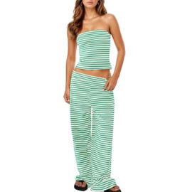 AICHARMWA Women's Striped Two Piece Sets Cropped Tube Top and Wide Leg Pants Lounge Matching set with Pockets(031-Green-S)