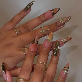 IMRAIN Almond Press on Nails Medium Gold Chrome Fake Nails with Cross Designs French Acrylic Nails Tips Brown Glossy Glue on False Nails Stick on Nails for Women 24Pcs