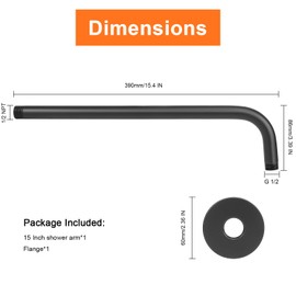 HarJue Shower Arm with Flange and Teflon Tape, Wall Mounted Shower Pipe 304 Stainless Steel Extension Arm for Fixed Shower Head & Handheld (15 Inch, Matte Black)