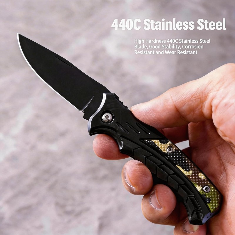 Tactical Folding Pocket Knife 2.56" Black Stainless Steel Blade Camo