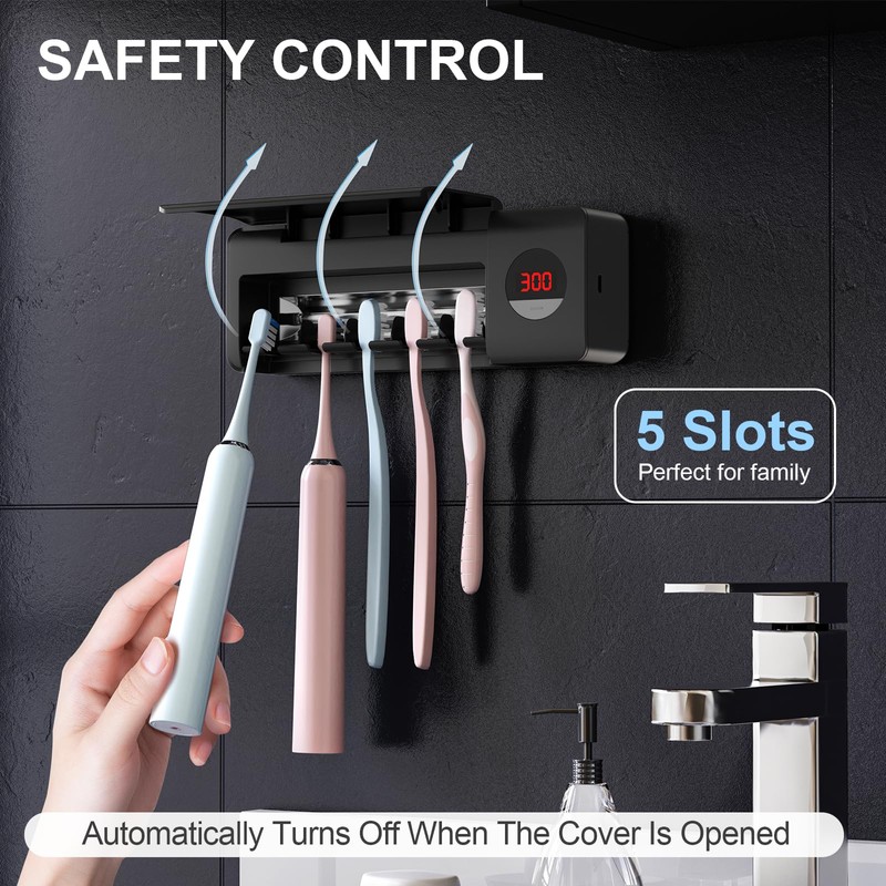 HouseGem Toothbrush Holder, Timer Function, 2000mAh Rechargeable Cordless Wall-Mounted Bathroom