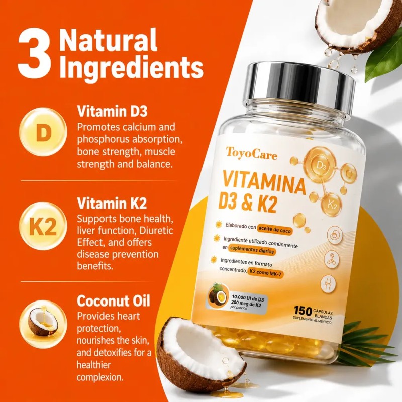 Toyocare Suplemento De Vitamina D3 Y K2 Mk-7, 150 Cápsulas
