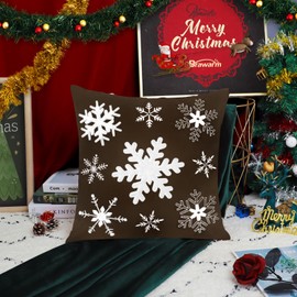 BRAWARM Christmas Pillow Cover 20 X 20 Inches, Coffee Snowflake Embroidered Pillow Cover, Soft Velvet Decorative Throw Pillow for Couch Bed Sofa Living Room Home