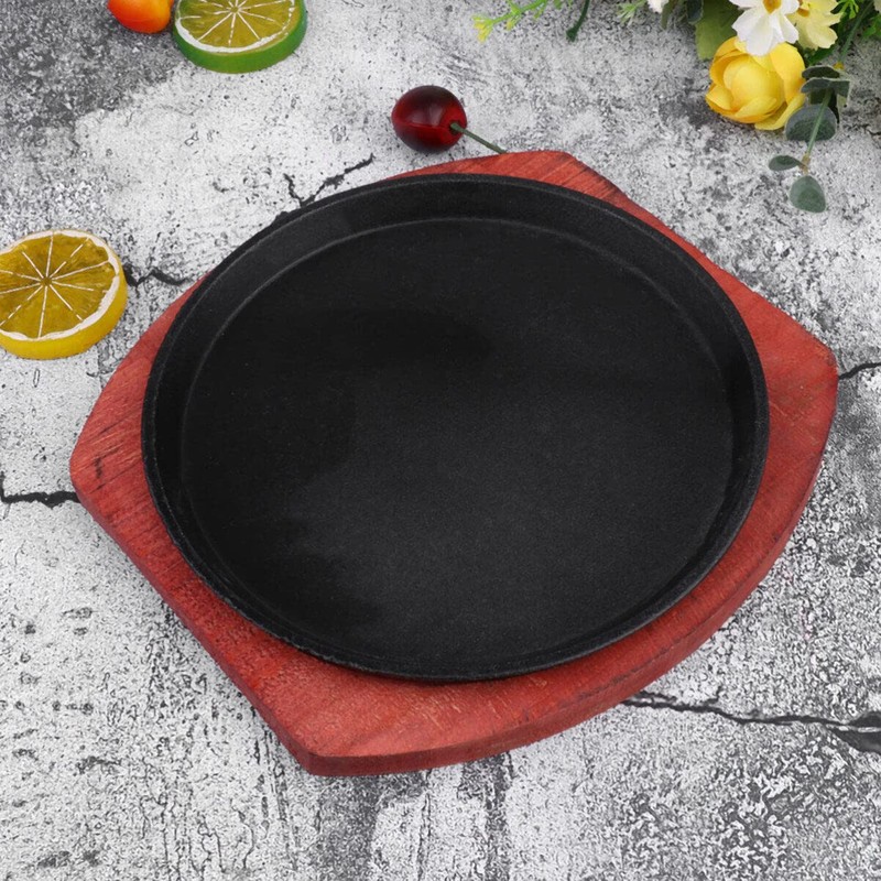 DOITOOL Nonstick Sizzling Steak Plate with Wooden Base Cast Iron