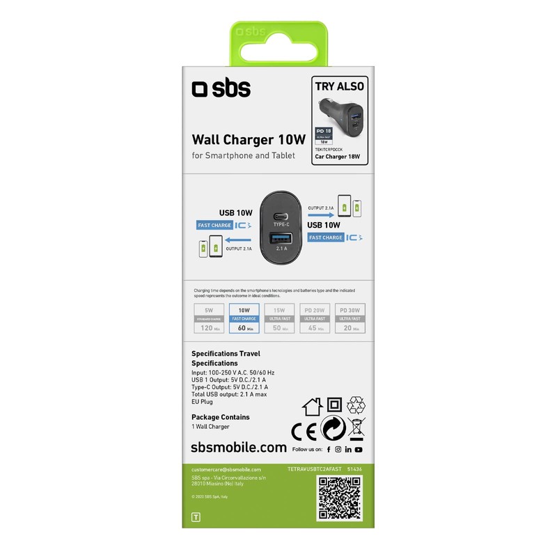 Travel Charger 1 USB 2.1 A + Type C Outp