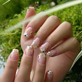 Spring Short Press on Nails Square Nude Fake Nails with Yellow Daisy Flower Design Glue on Nails Full Cover Acrylic Nails Press on False Nails for Women Reusable Manicure Nails Decoration 24pcs