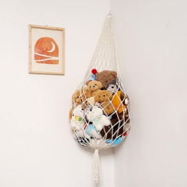 Amdermi Stuffed Animal Storage Organizers Corner Hanging Ne 60" L Stuffy Animal Hammock Macrame Toy Display Plush Toy Holder Wall, Kid Bedroom Decor Boho Nursery Playroom Organizer 60" L (Cream)