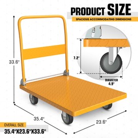 DNA MOTORING 990lbs Capacity Platform Hand Truck, 360 Degree Swivel Wheels Foldable Push Cart Dolly, Heavy Duty Folding Push Cart for Home, Workshop, Office, Warehouse, Yellow, TOOLS-00754