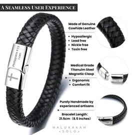 Halukakah Faithful Strength Men's Leather Bracelet - 21.5 cm Classic Black Leather with Magnetic Titanium Steel Clasp, Engraved Bible Verses & Cross, Religious Gift for Husband, Boyfriend, Father,