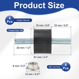 PATIKIL M8 30x15mm Rubber Isolator Mounts, 4 Pcs Rubber Studs Shock Absorber Anti-Vibration Isolation Damping Mounts with Lock Nuts for Motor, Air Compressor, Engines (61mm Height)