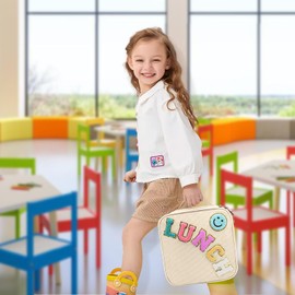 Insulated Lunch Bag With Adjustable Shoulder Strap, Cute Corduroy Preppy Lunch Box Large Insulated Lunch Bag Reusable Lunch Tote Bag with Smiley Preppy LunchBag for Girls School Travel Picnic (Beige)