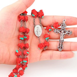 YWLI Rosary Beads Catholic - 6 Color, Confirmation Gifts for Teenage Girl, Red Polymer Clay Rose Necklace Jewelry, Silver Alloy Cross Necklace for Women, Gifts for Women