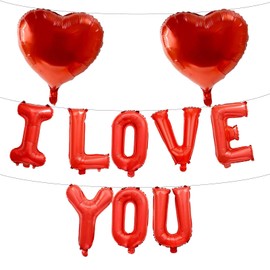 16 Inches Red 'I LOVE YOU' Balloons Banner - Mylar Letter Balloons with 2 Red Heart Shaped Foil Balloons for Romantic Decorations, Anniversaries, Engagements, Proposals, and Valentines Day Decor