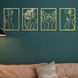 Gold Wall Decor Set of 4, Metal Wall Art, Female Body Modern Abstract Wall Decor for Bathroom, Gold Room Decor, Minimalist Single Line Wall Sculptures Accent Decor for Bathroom Bedroom Living Room