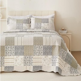 Cmfshape Summer Floral King Quilt Set,Grey Patchwork Quilts King,Reversible Quilted Bedspread with 2 Shams, Vintage Farmhouse Coverlet(Grey, King102 x90)