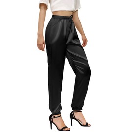 Women's Satin Pants, Solid Color Elastic Waist Drawstring Jogger Silk Pants for Women, Black, US Medium