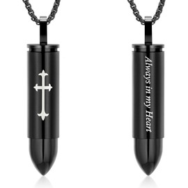 Oinsi Double-Side Engraving Cross &Mom/Dad/Son Keepsake Memorial Jewelry -Black Bullet Cremation Urn Necklace for Ashes for Men
