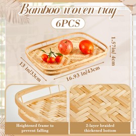 FillTouch 6 Pcs Bamboo Wicker Serving Trays 16.93 x 13 x 1.57 Inch Hand Woven Lap Trays for Eating Rectangular Flat Baskets Trays Decorative Bedroom Bed Tray for Eating Dinner Tray Fruit Snack Holder