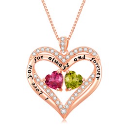 Ruby and Peridot Necklace 18k Rose Gold Forever Love Heart July and August Birthstone Double Heart Pendant Necklace Anniversary Jewelry Valentine Mothers Day Christmas Birthday Gifts for Women Her Wife Girlfriend Mom