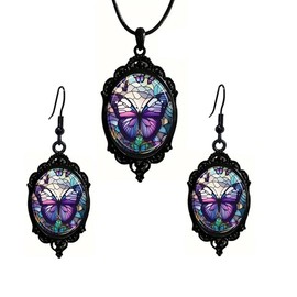 wsycoo Butterfly Earrings Necklace Sets Unique Purple Butterfly Pendant Necklace Purple Butterfly Dangle Earrings Purple Earrings Necklace Set Trendy Butterfly Jewelry Costume Accessories for Women,