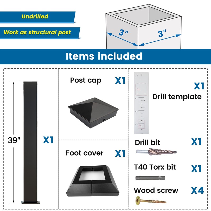 Muzata Cable Railing Post Aluminum Post 39"x3"x3" Undrilled Top Mount
