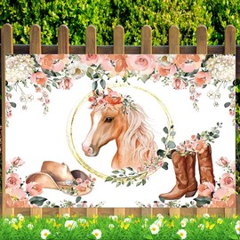 Fabric 6x4ft Horse Birthday Backdrop Blush Pink Flowers Cowgirl Birthday Baby Shower Party Decorations Western Rodeo Boots Hats Photography Background Photo Booth Props