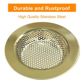 PHITUODA 2 Pcs Sink Strainer Stainless Steel Kitchen Sink Drain Strainer Basket Cover Mesh Hair Food Catcher with Large Wide Rim 4.4" Diameter, Gold